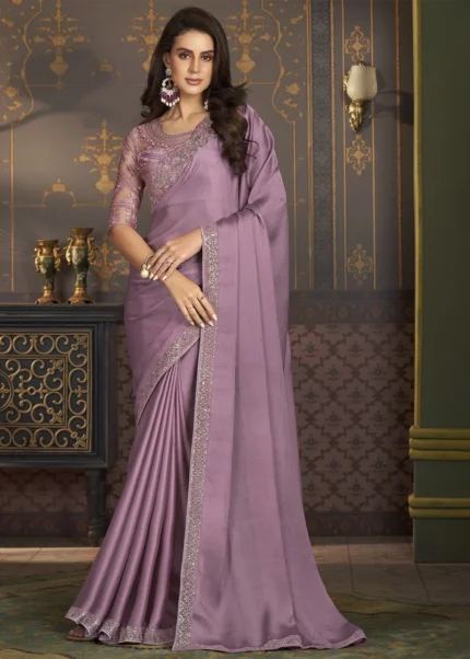 Mauve Embroidered Chiffon Saree