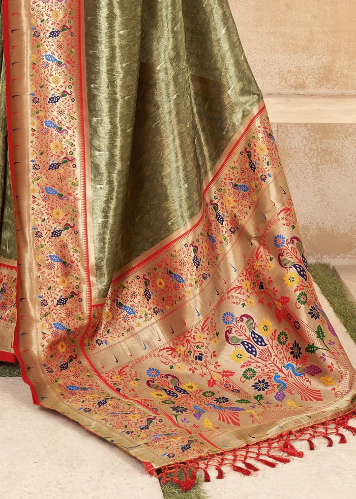 Olive Green Paithani Tissue Silk Saree