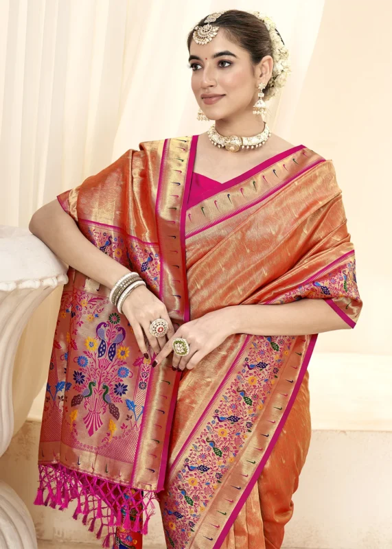 Orange Paithani Tissue Silk Saree