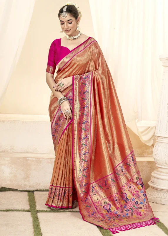 Orange Paithani Tissue Silk Saree