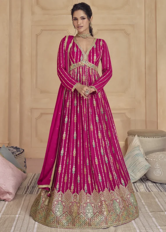 Rani Pink Georgette Anarkali Gown with Heavy Embroidery