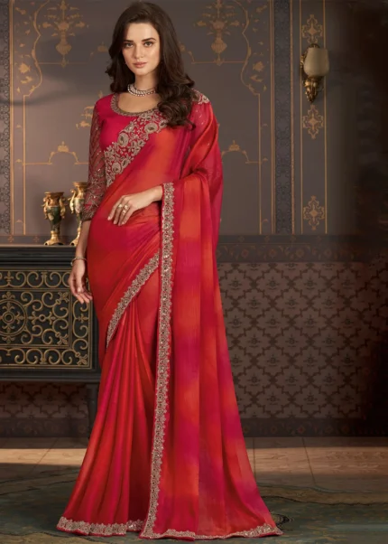 Red Embroidered Chiffon Saree