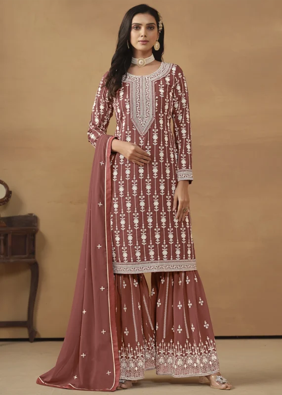 Rust Embroidered Georgette Gharara Suit