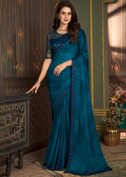 Teal Blue Embroidered Chiffon Saree