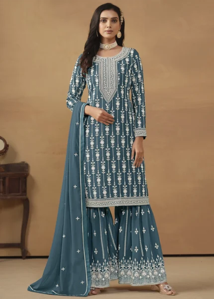 Teal Blue Embroidered Georgette Gharara Suit