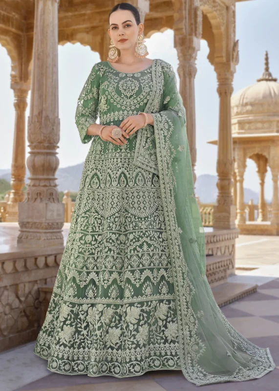 Teal Embroidered Anarkali Suit Set