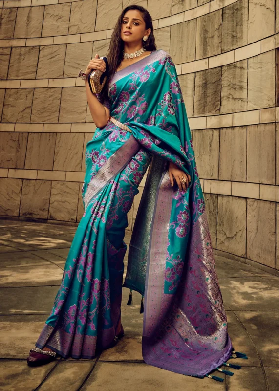 Turquoise Banarasi Satin Silk Saree