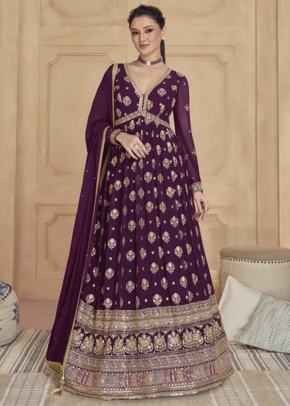 Wine Georgette Anarkali Gown with Heavy Embroidery