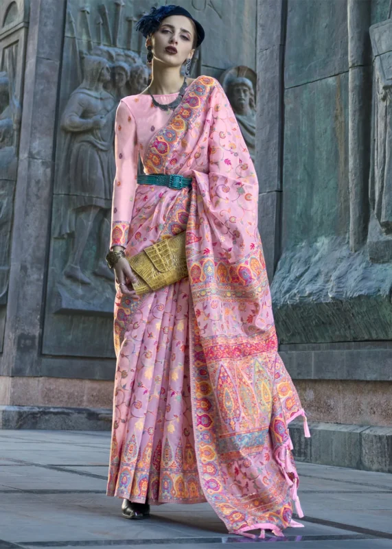 Baby Pink Kashmiri Jamawar Organza Saree