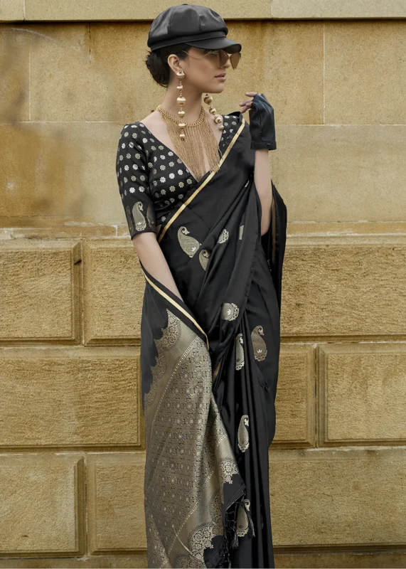 Black Banarasi Satin Saree with Brocade Blouse