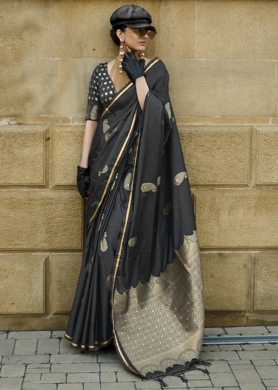 Black Banarasi Satin Saree with Brocade Blouse