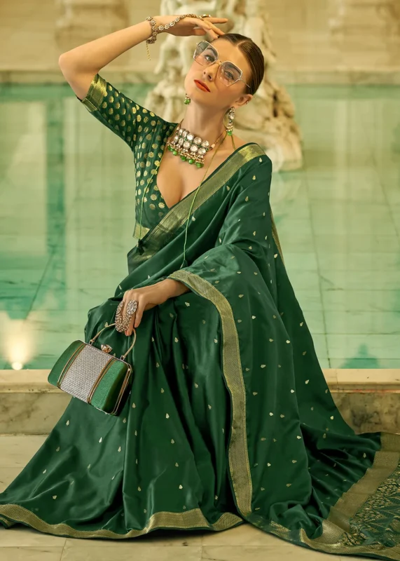 Bottle Green Banarasi Satin Silk Saree with Brocade Bouse