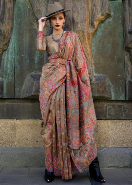 Brown Kashmiri Jamawar Organza Saree