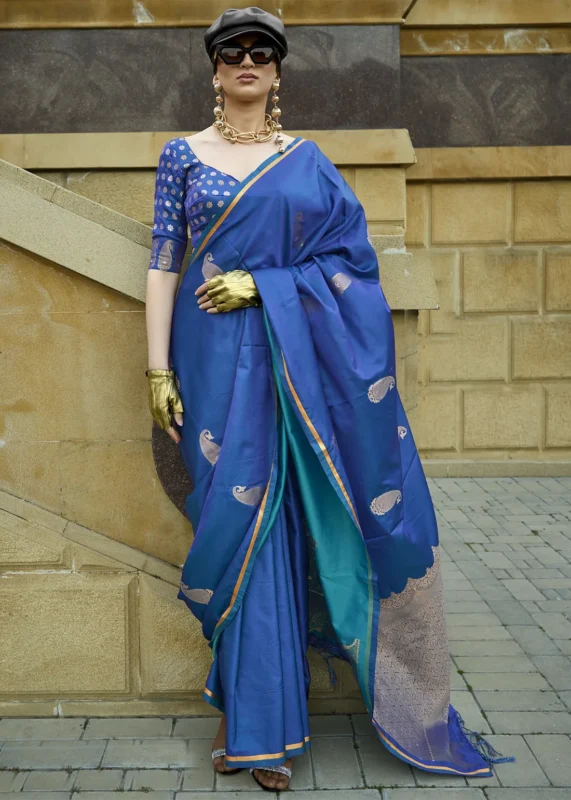 Cobalt Blue Banarasi Satin Saree with Brocade Blouse