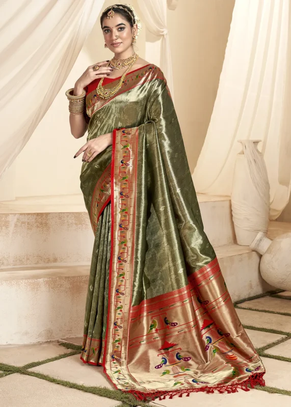 Dark Olive Paithani Tissue Silk Saree with Red Blouse