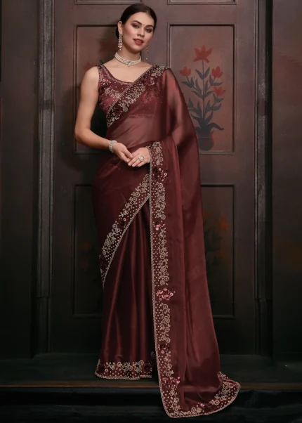 Embroidered Brown Organza Silk Saree with Stone Work