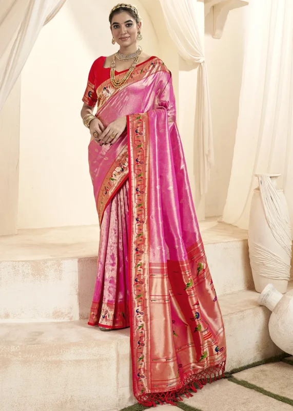 Fandango Pink Paithani Tissue Silk Saree with Red Blouse