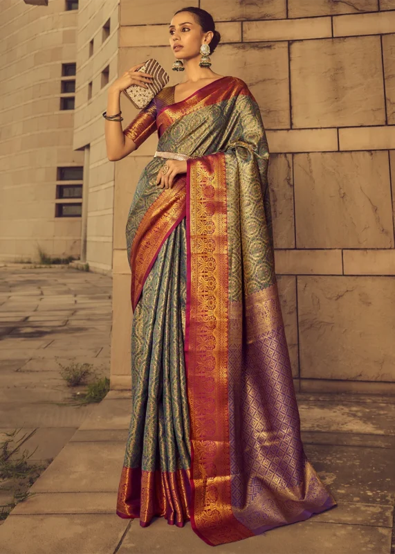 Green and Purple Banarasi Brocade Silk Saree