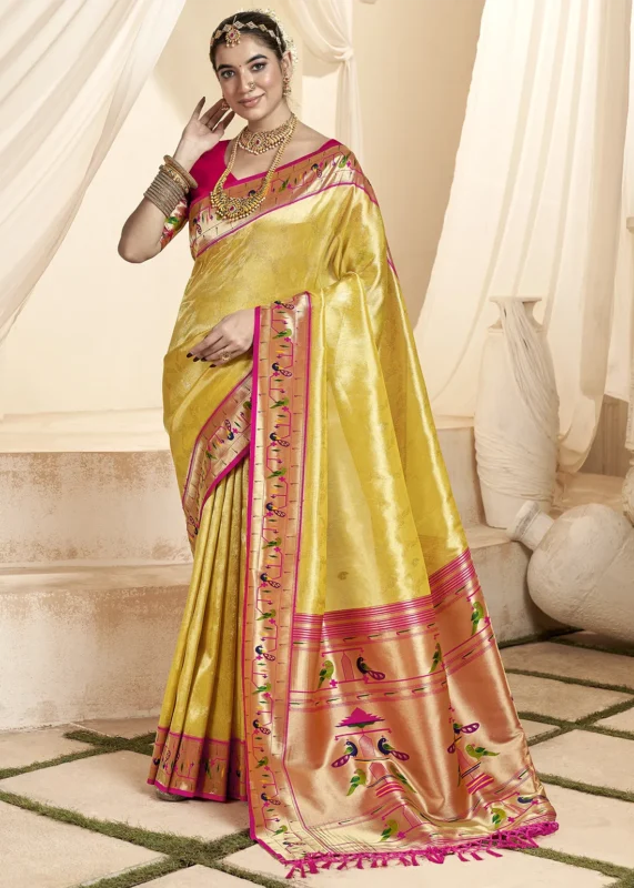 Lemon Yellow Paithani Tissue Silk Saree with Pink Blouse