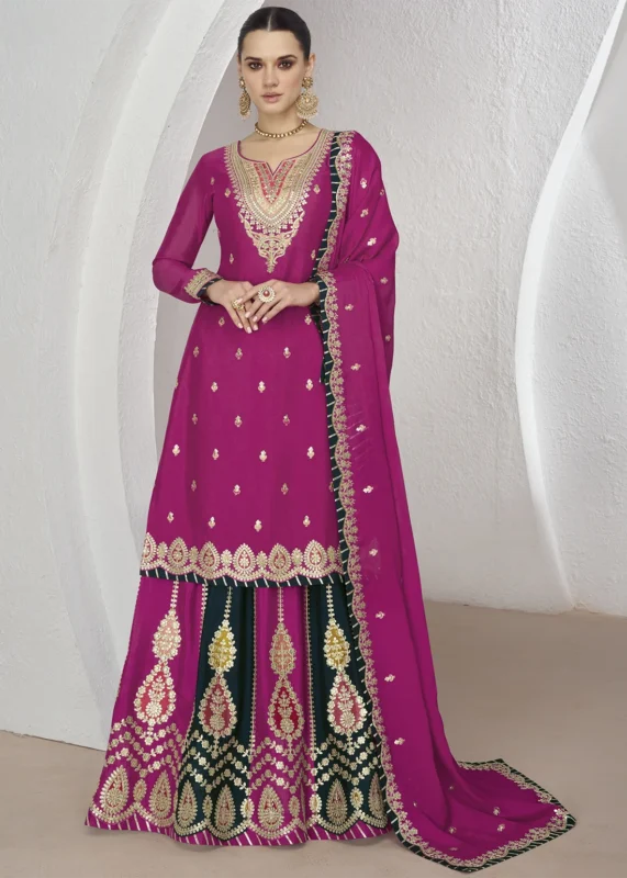 Magenta Embroidered Chinon Silk Lehenga Suit