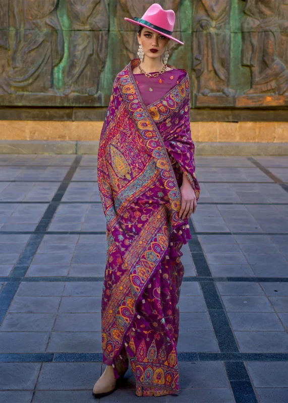 Magenta Kashmiri Jamawar Organza Saree