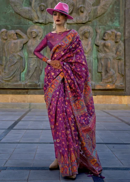 Magenta Kashmiri Jamawar Organza Saree