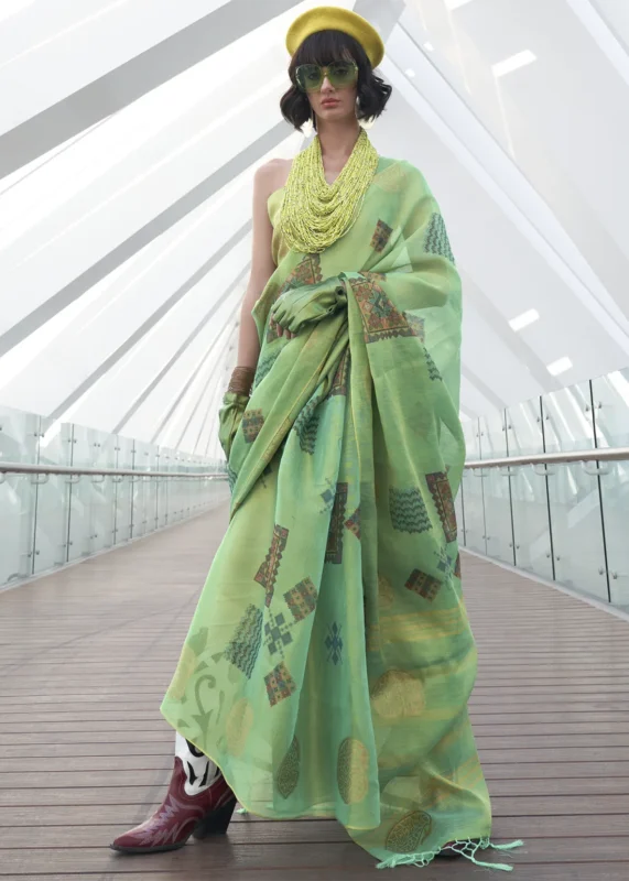 Mint Green Printed Linen Silk Saree with Zari Weaving