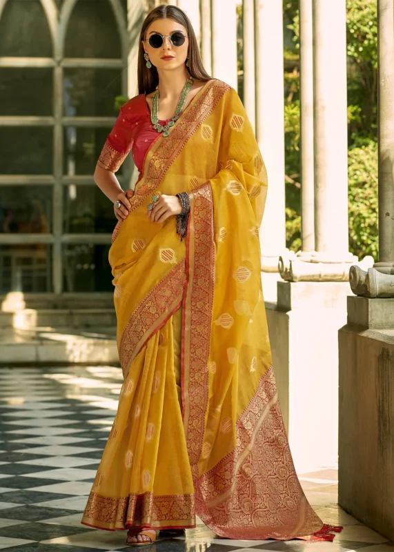 Mustard Yellow Banarasi Tissue Silk Saree