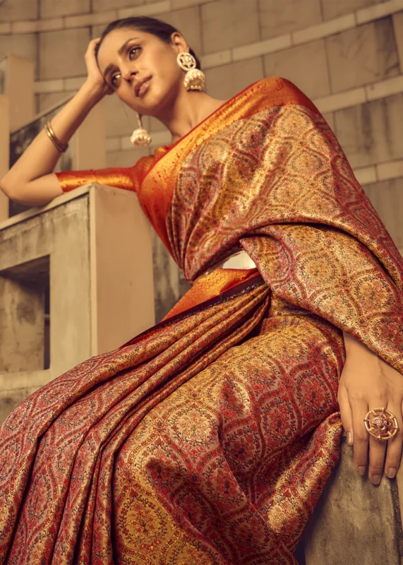 Orange Banarasi Brocade Silk Saree