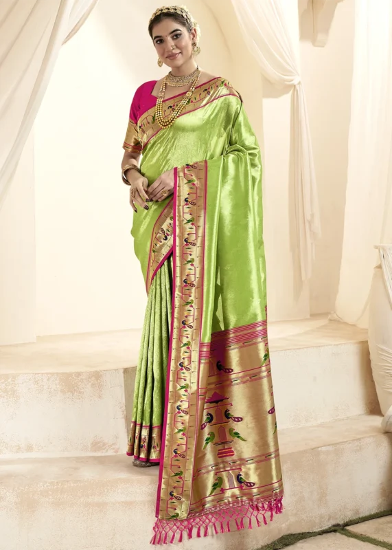 Parrot Green Paithani Tissue Silk Saree with Pink Blouse