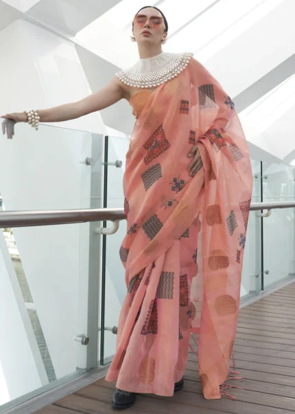 Peachy Pink Printed Linen Silk Saree with Zari Weaving