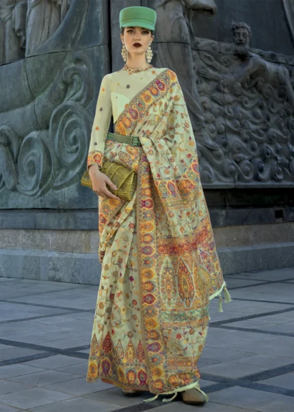 Pista Green Kashmiri Jamawar Organza Saree