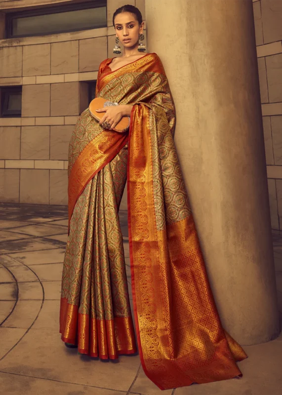 Red and Green Banarasi Brocade Silk Saree