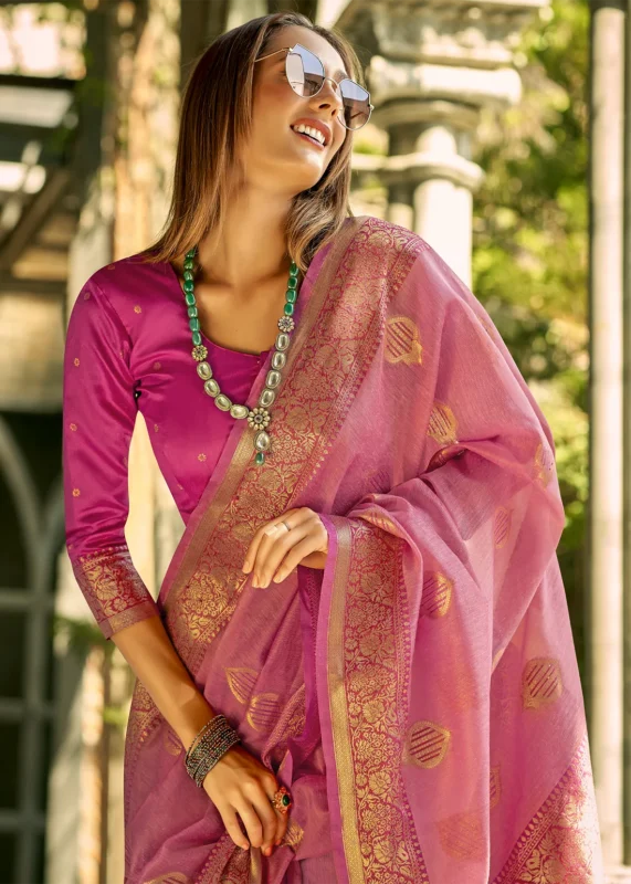 Rose Pink Banarasi Tissue Silk Saree