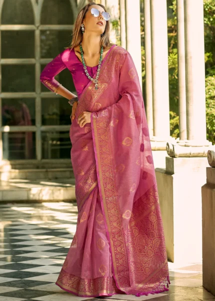 Rose Pink Banarasi Tissue Silk Saree