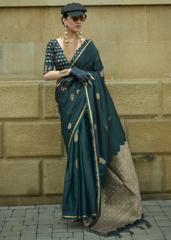 Teal Banarasi Satin Saree with Brocade Blouse