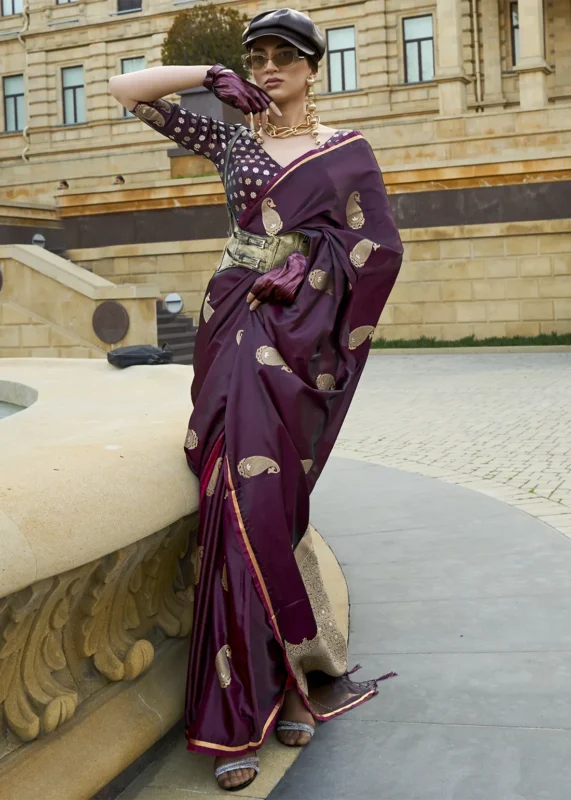 Wine Banarasi Satin Saree with Brocade Blouse