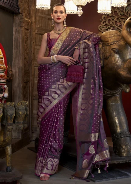 Wine Banarasi Satin Silk Saree