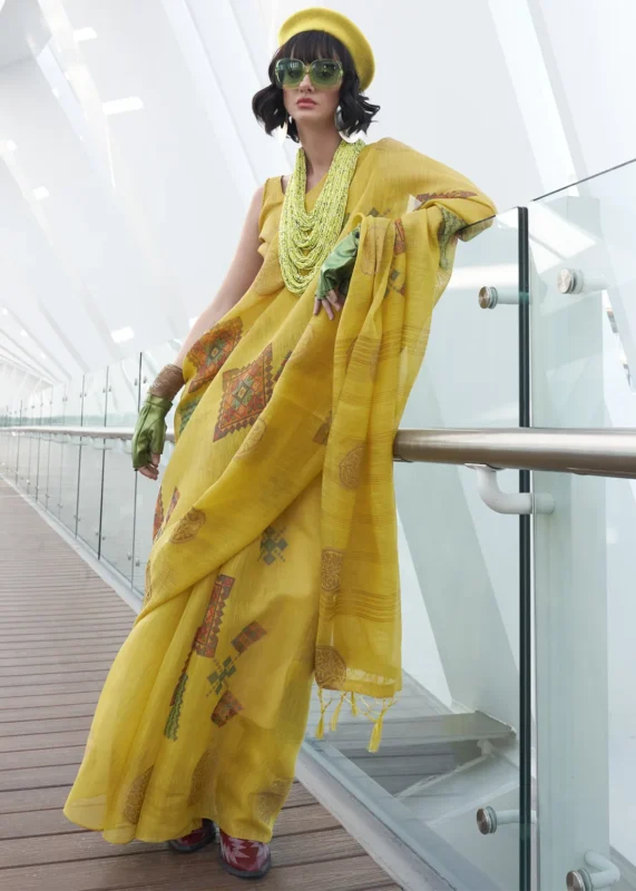 Yellow Printed Linen Silk Saree with Zari Weaving