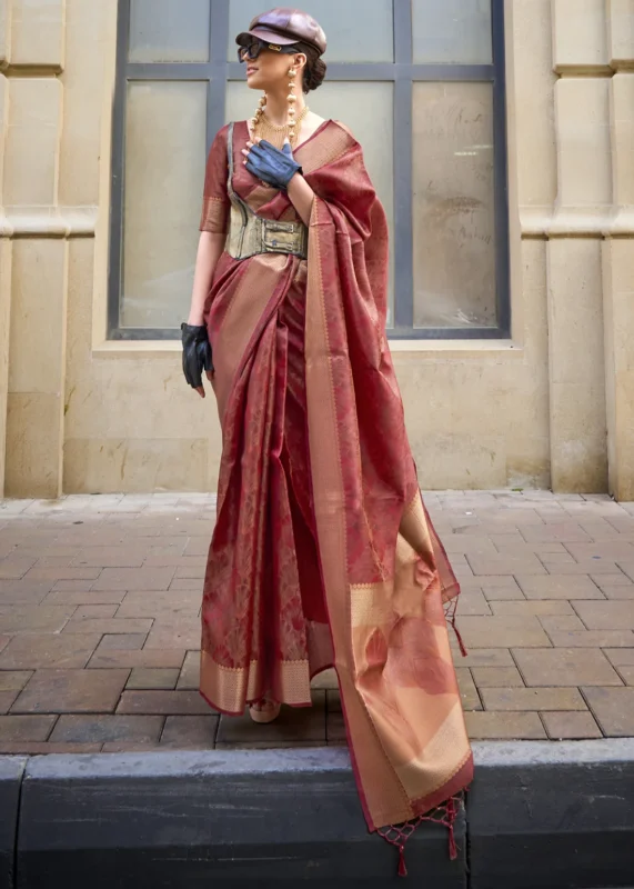 Brick Red Banarasi Organza Silk Saree