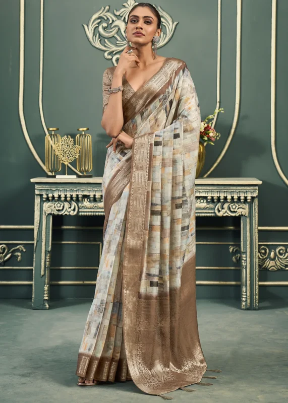 Brown Printed Cotton Silk Saree