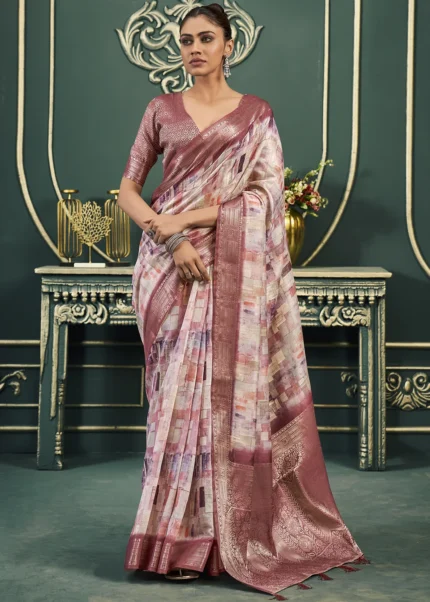 Burgundy Printed Cotton Silk Saree