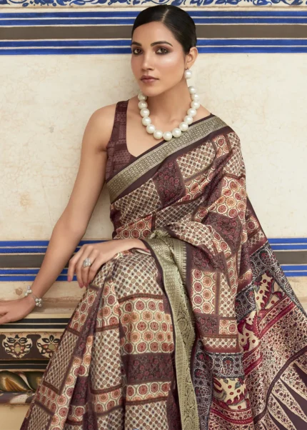 Chocolate Brown Printed Dola Silk Saree