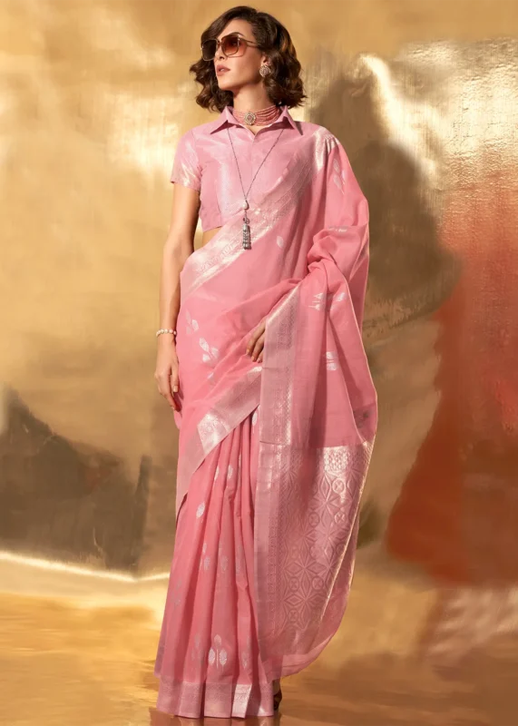 Coral Peach Linen Saree with Brocade Blouse