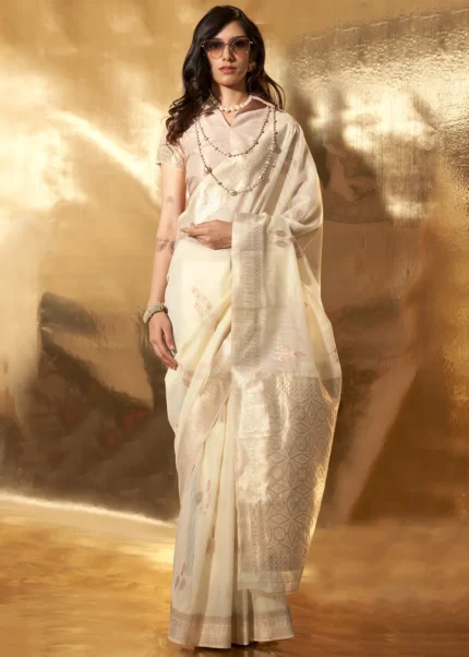 Cream Linen Saree with Brocade Blouse