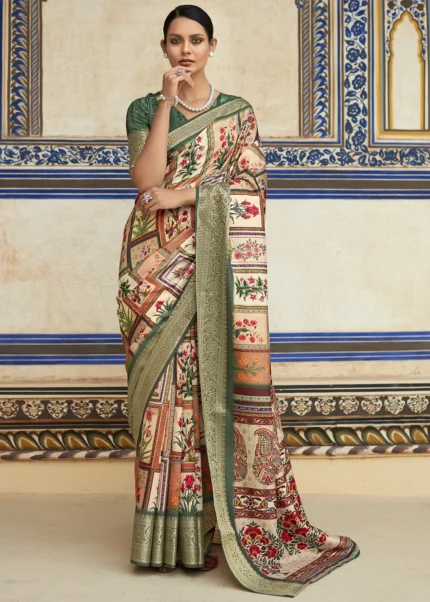 Cream Printed Dola Silk Saree