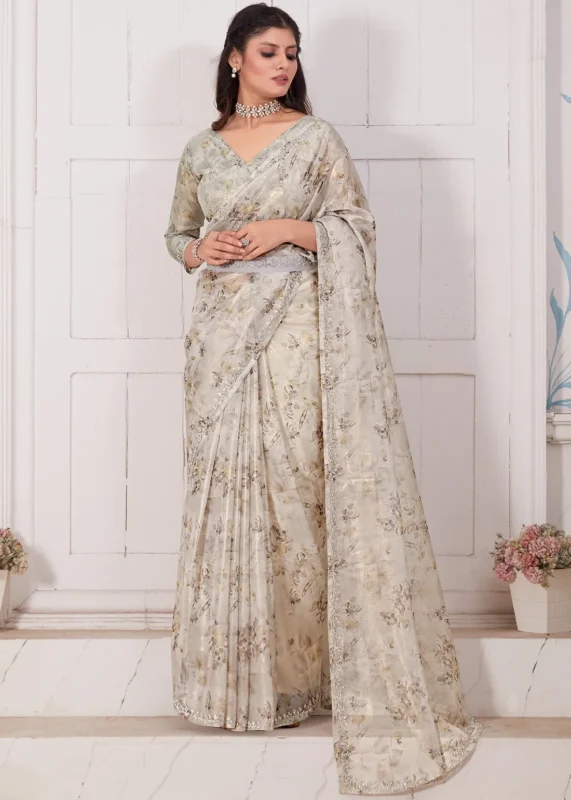 Cream Printed Organza Silk Saree