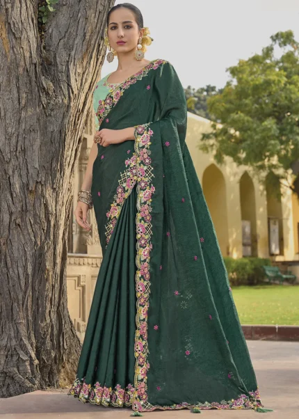 Dark Green Embroidered Crushed Silk Saree