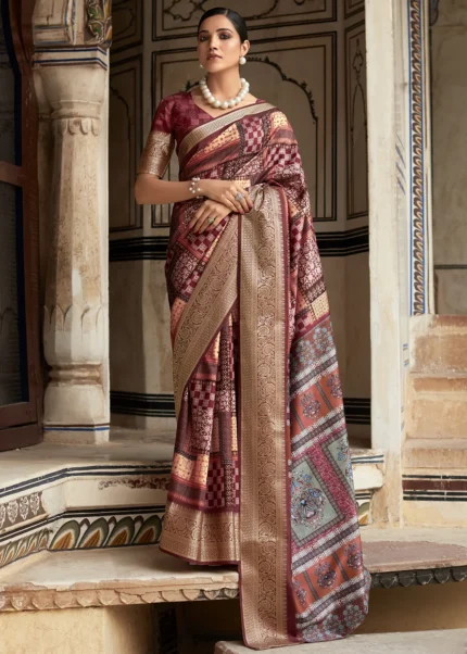 Dark Wine Printed Dola Silk Saree