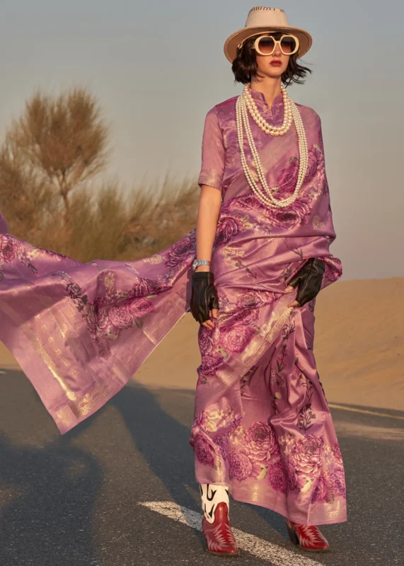 Dusty Magenta Printed Tussar Silk Saree with Zari Weaving